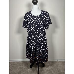 Vince Camuto Size 16W Knee Blue Brown White Polka Dot Short Sleeve Formal Dress